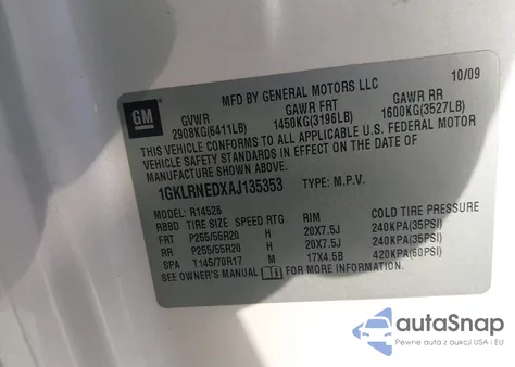2010 GMC Acadia Slt-2 from USA, damaged, VIN 1GKLRNEDXAJ135353